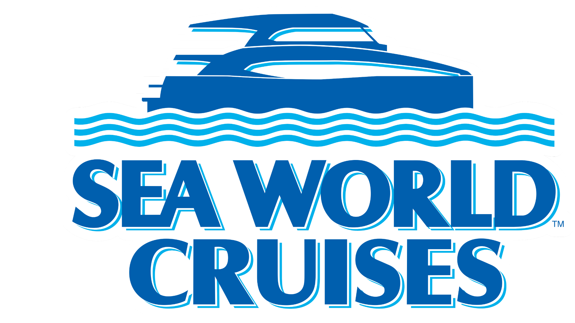 Logo for Sea World Cruises featuring a stylized blue yacht above wavy blue lines, with "SEA WORLD CRUISES" written in bold blue capital letters below the waves.