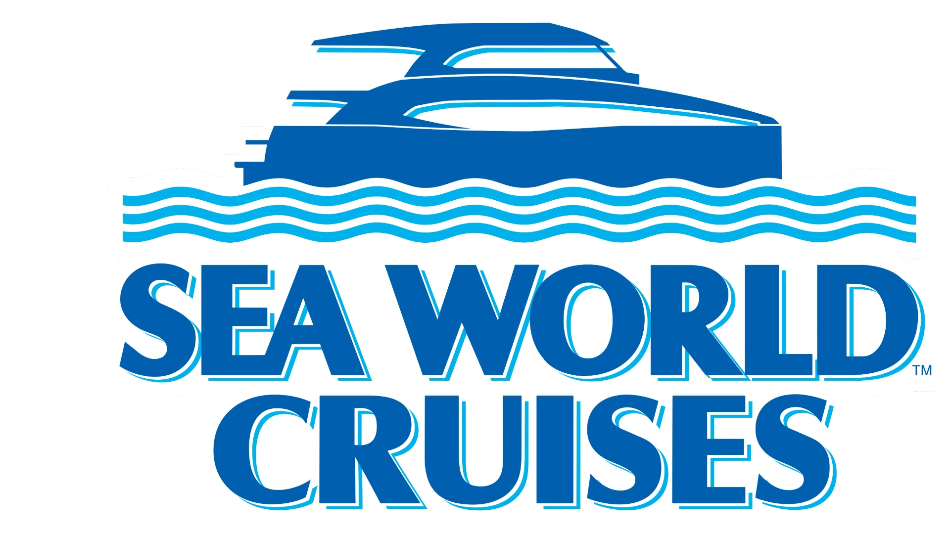 Logo for Sea World Cruises featuring a stylized blue yacht above wavy blue lines, with "SEA WORLD CRUISES" written in bold blue capital letters below the waves.