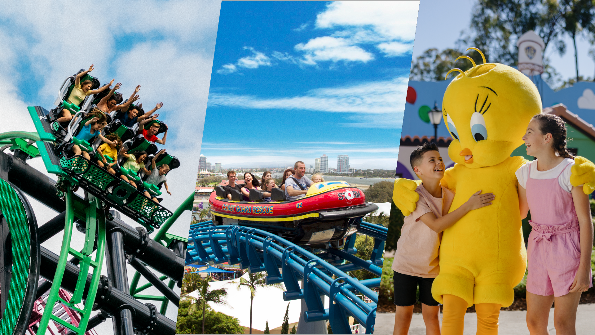 First picture is people riding a thrilling roller coaster with green tracks, second picture is people riding a thrilling roller coaster with blue tracks, thirs picture is of 2 children standing on either side of Tweety Bird  