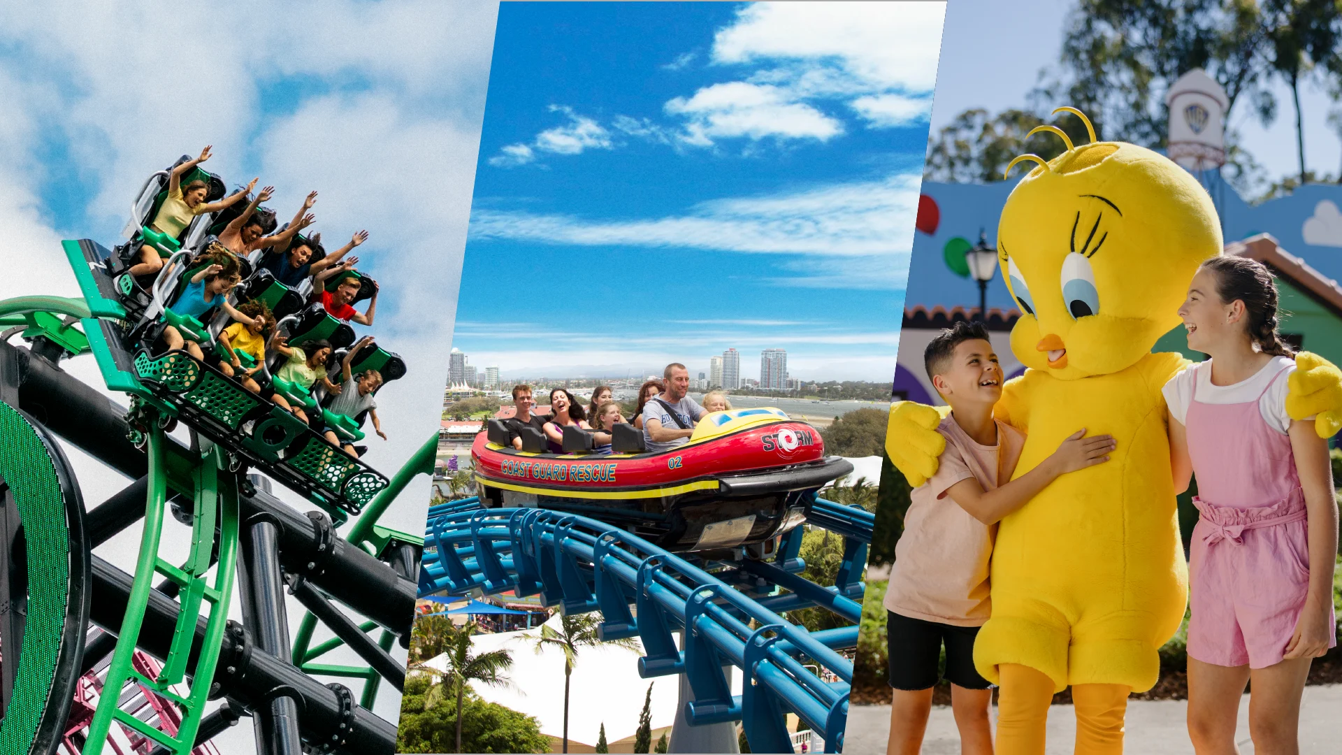 First picture is people riding a thrilling roller coaster with green tracks, second picture is people riding a thrilling roller coaster with blue tracks, thirs picture is of 2 children standing on either side of Tweety Bird