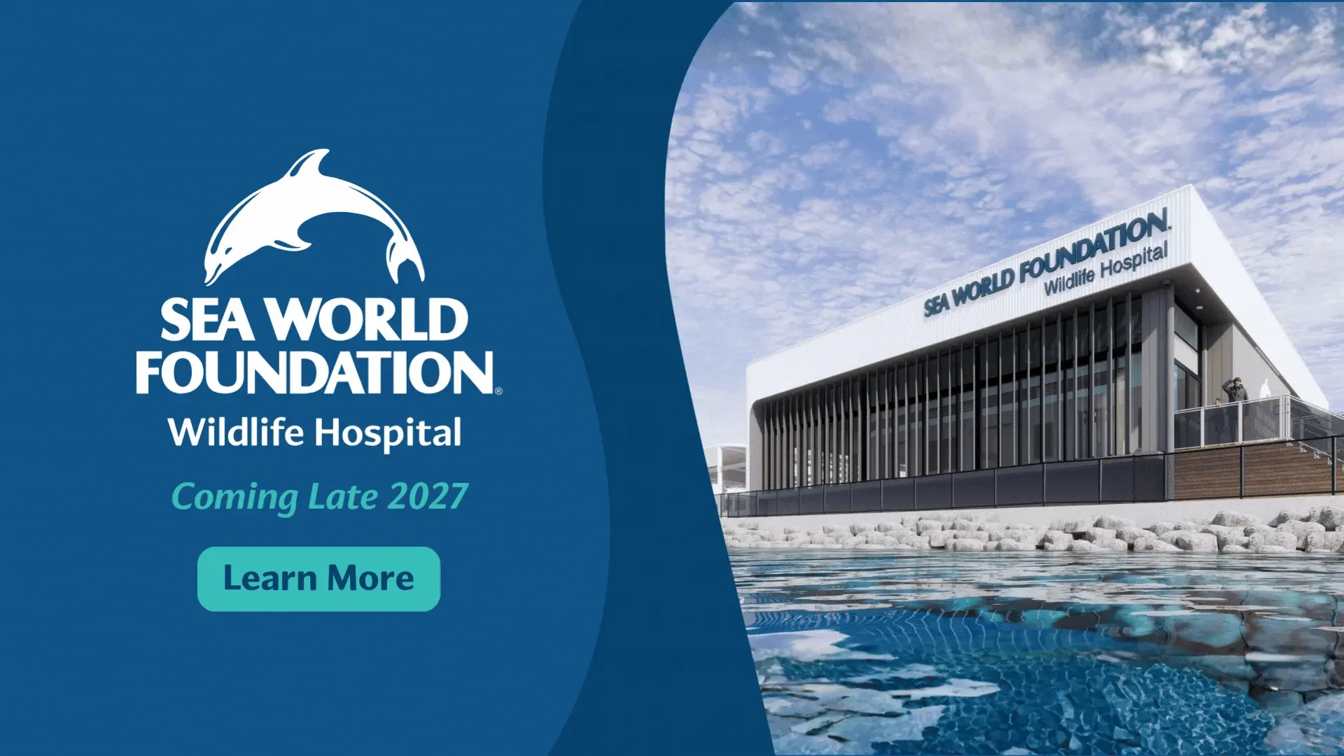 Architectural rendering of the Sea World Foundation Wildlife Hospital, with text announcing its opening in late 2027 and a “Learn More” button.
