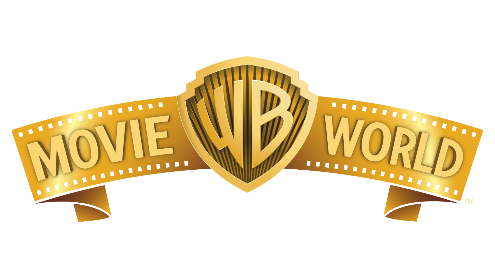 The image shows the gold logo for "WB Movie World," with the letters "WB" inside a shield and "MOVIE" and "WORLD" on a golden filmstrip banner.