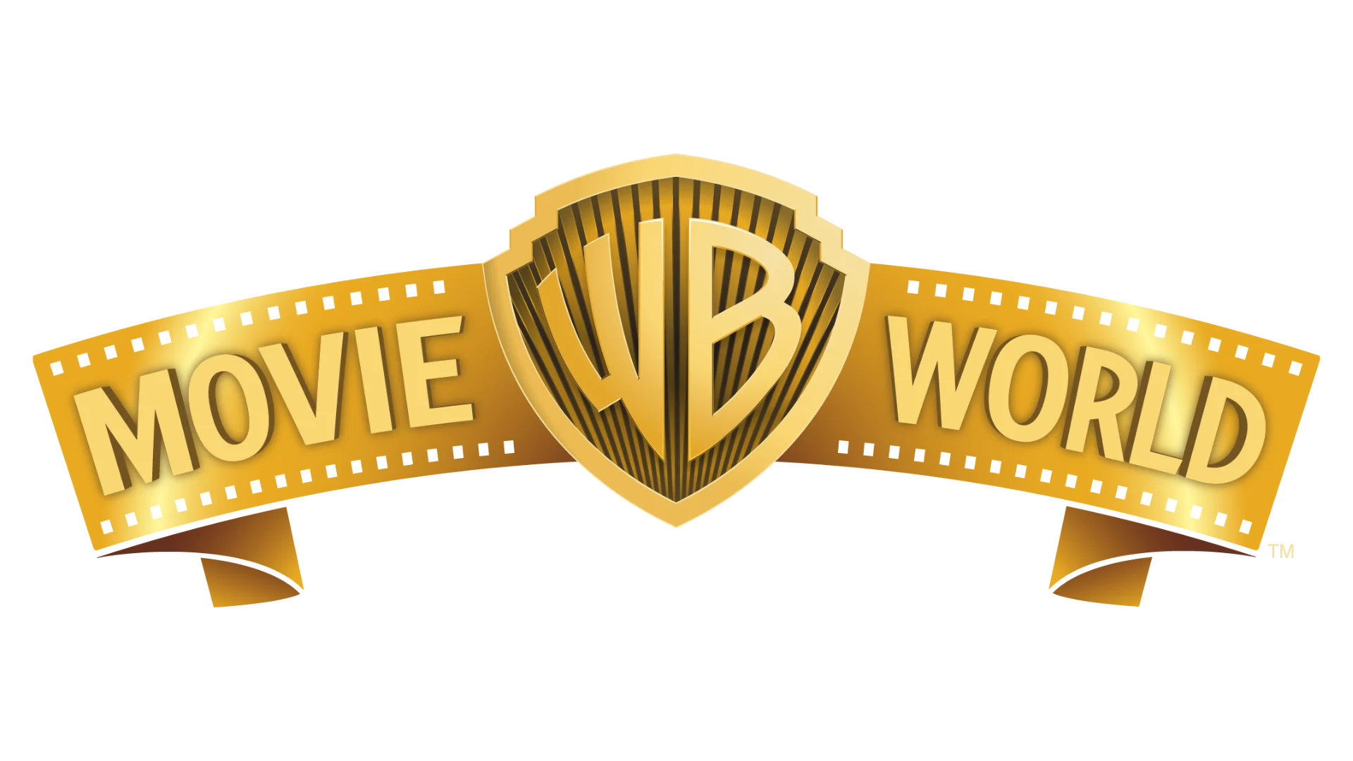 The image shows the gold logo for "WB Movie World," with the letters "WB" inside a shield and "MOVIE" and "WORLD" on a golden filmstrip banner.