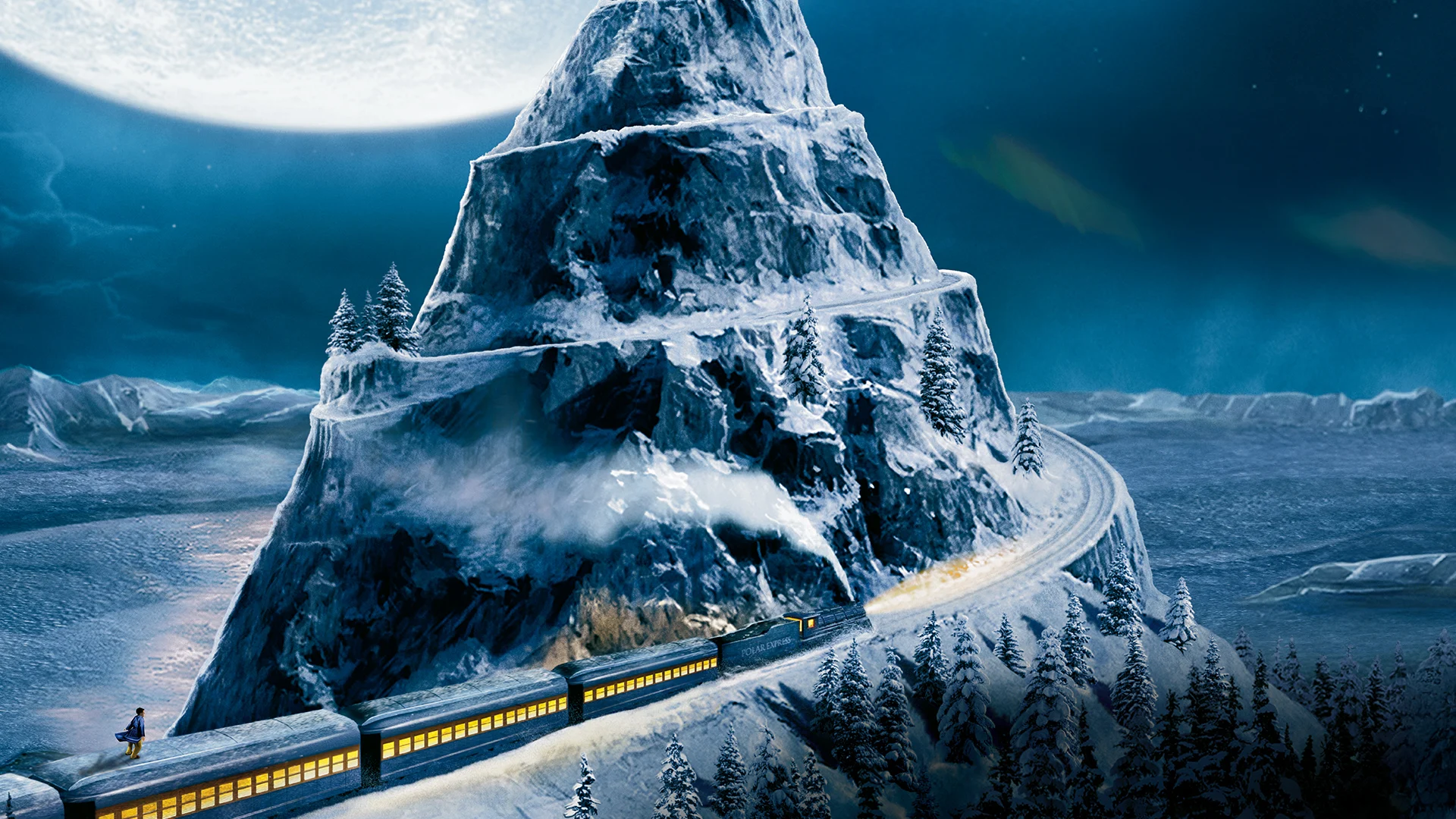 A train with glowing windows winds around a tall, snow-covered mountain under a bright, full moon in a wintry, nighttime landscape.