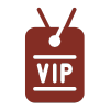 A maroon-colored icon of a badge on a lanyard with the letters "VIP" written in bold.