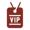 A maroon-colored icon of a badge on a lanyard with the letters "VIP" written in bold.