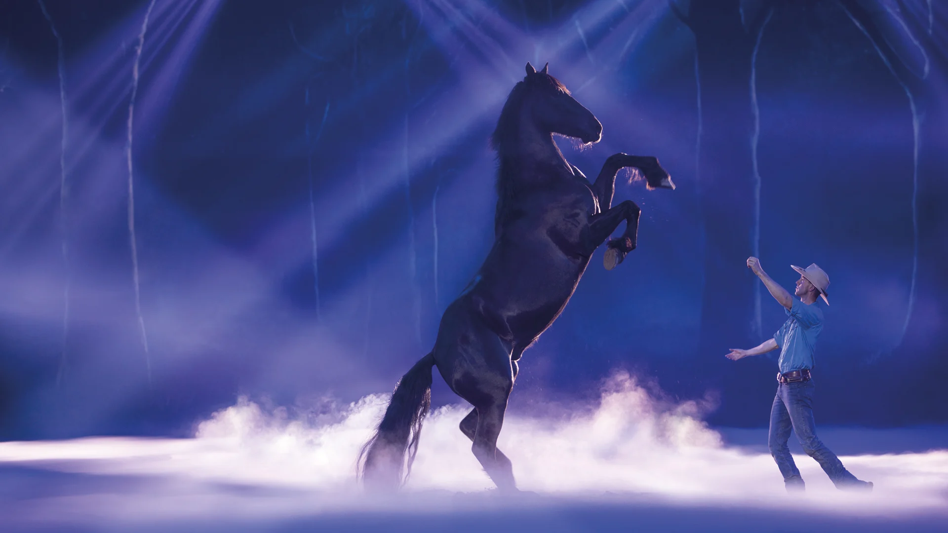 A black horse rears up on its hind legs in a misty, blue-lit setting while a person in a cowboy hat and jeans gestures toward the horse, surrounded by beams of light.