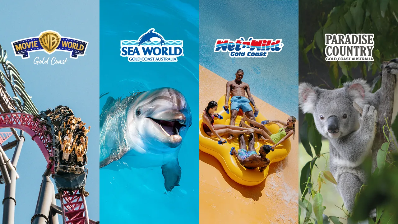 Four vertical panels show attractions: a roller coaster at Movie World, a dolphin at Sea World, people on a water slide at Wet'n'Wild, and a koala at Paradise Country, all on the Gold Coast, Australia.