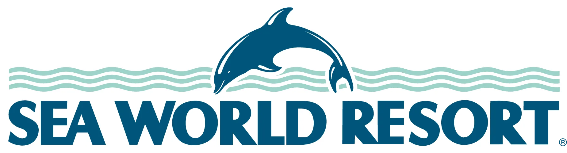 Logo of Sea World Resort featuring a stylized dolphin leaping over wavy blue lines, with bold blue text "SEA WORLD RESORT" beneath the dolphin.