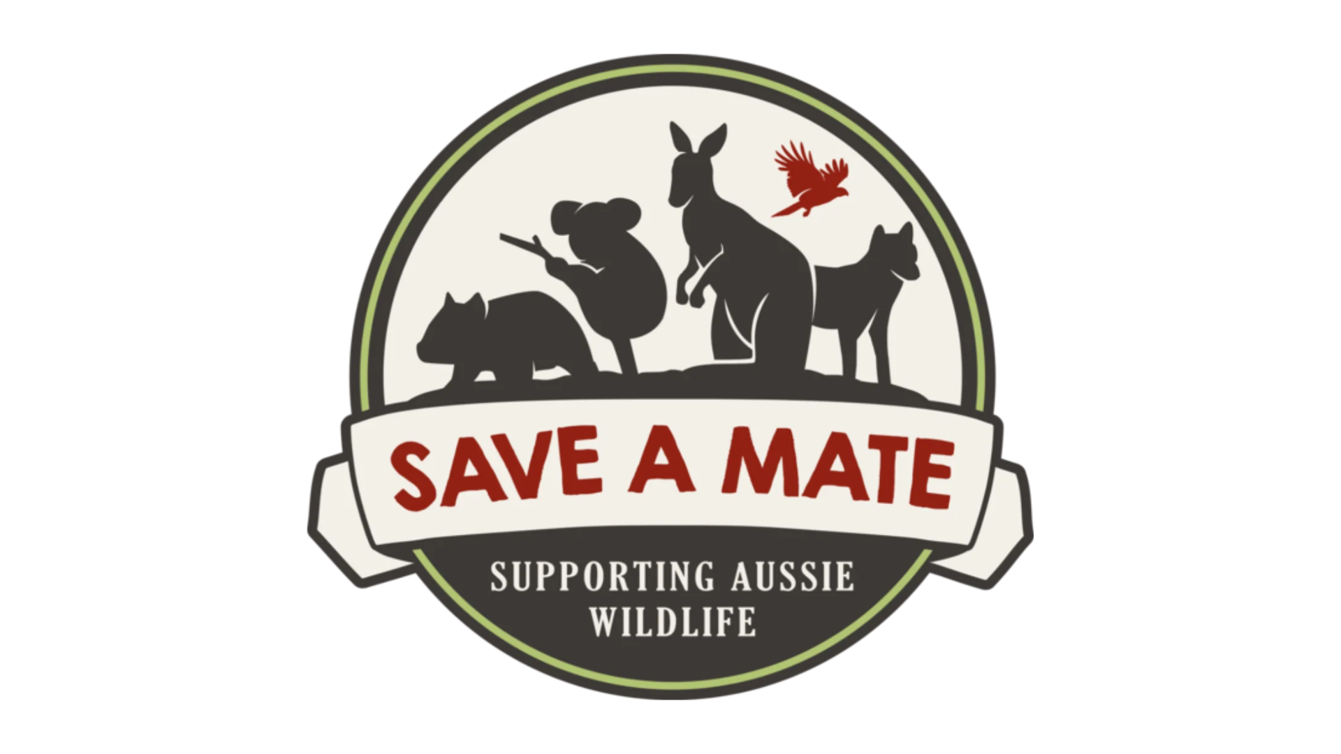Circular logo with silhouettes of Australian animals and a bird. Bold red text reads “Save A Mate.” Bottom banner says “Supporting Aussie Wildlife.”.