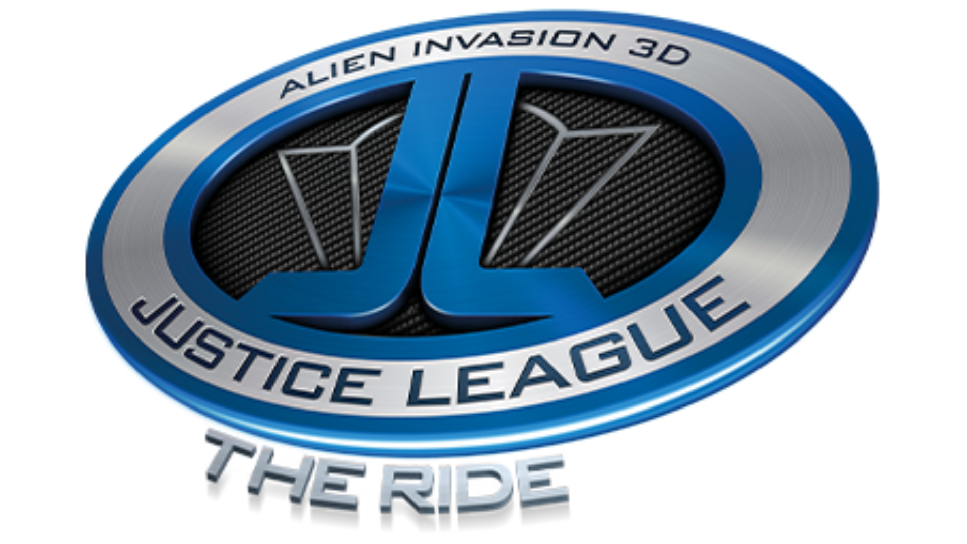 Logo for "Justice League: Alien Invasion 3D - The Ride," featuring a stylized blue and silver Justice League emblem with bold text around and below the symbol.