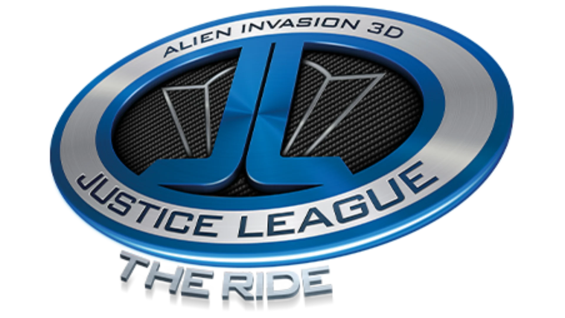 Logo for "Justice League: Alien Invasion 3D - The Ride," featuring a stylized blue and silver Justice League emblem with bold text around and below the symbol.