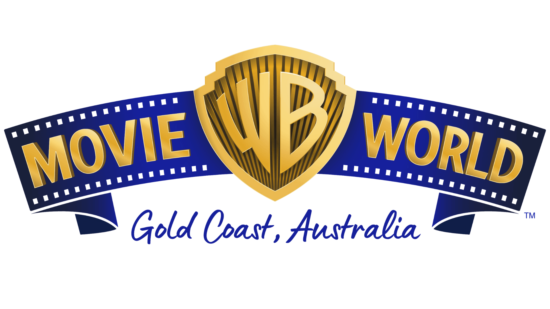 Logo for Movie WB World, featuring a golden "WB" shield in the center with the words "MOVIE" on the left and "WORLD" on the right, all set on a blue filmstrip-style banner.