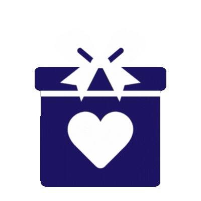 Animated icon of a gift box with a heart shape on its side and a bow on top, set against a purple background.