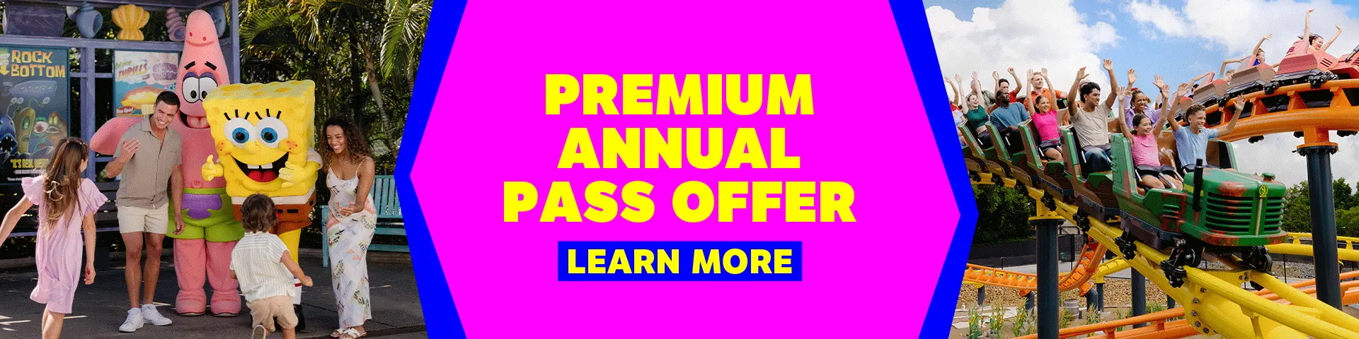 A family poses with costumed characters, and people ride a roller coaster. In the center, text reads, “Premium Annual Pass Offer. Learn More” on a pink background.