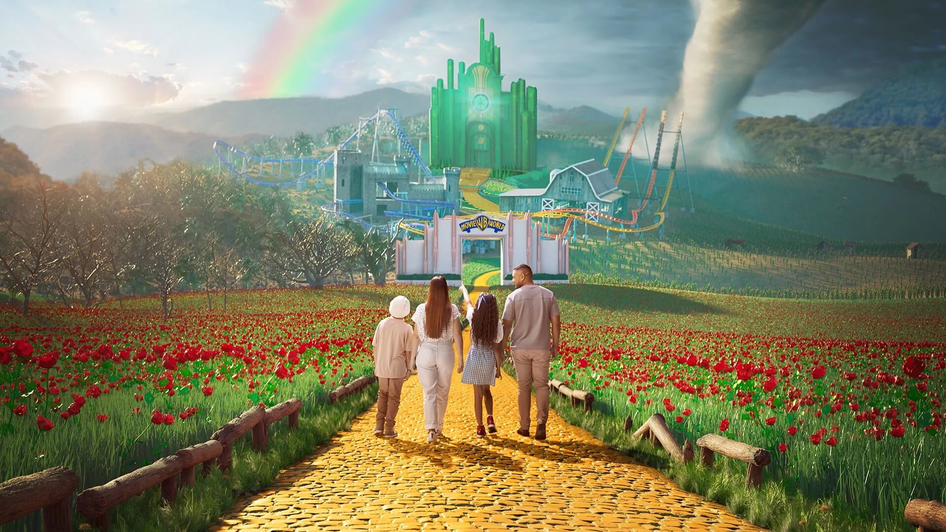 Explore the magical realm of The Wizard of Oz at Warner Bros Movie World's latest precinct. Our captivating key art invites you to journey into this beloved fantasy world.