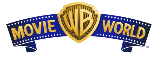 Logo for “Movie World” featuring a gold and blue film strip design with the letters “WB” in a gold shield at the center. The words “Movie” and “World” appear on either side of the shield.