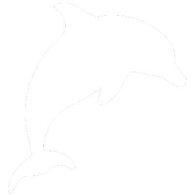 A white silhouette of a dolphin on a black background, shown in a jumping or swimming pose facing right.