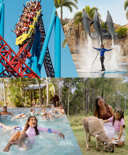 A collage of four images: people riding a roller coaster, a dolphin show with a performer, children floating on tubes in a lazy river, and a woman and child petting a goat in a park setting.
