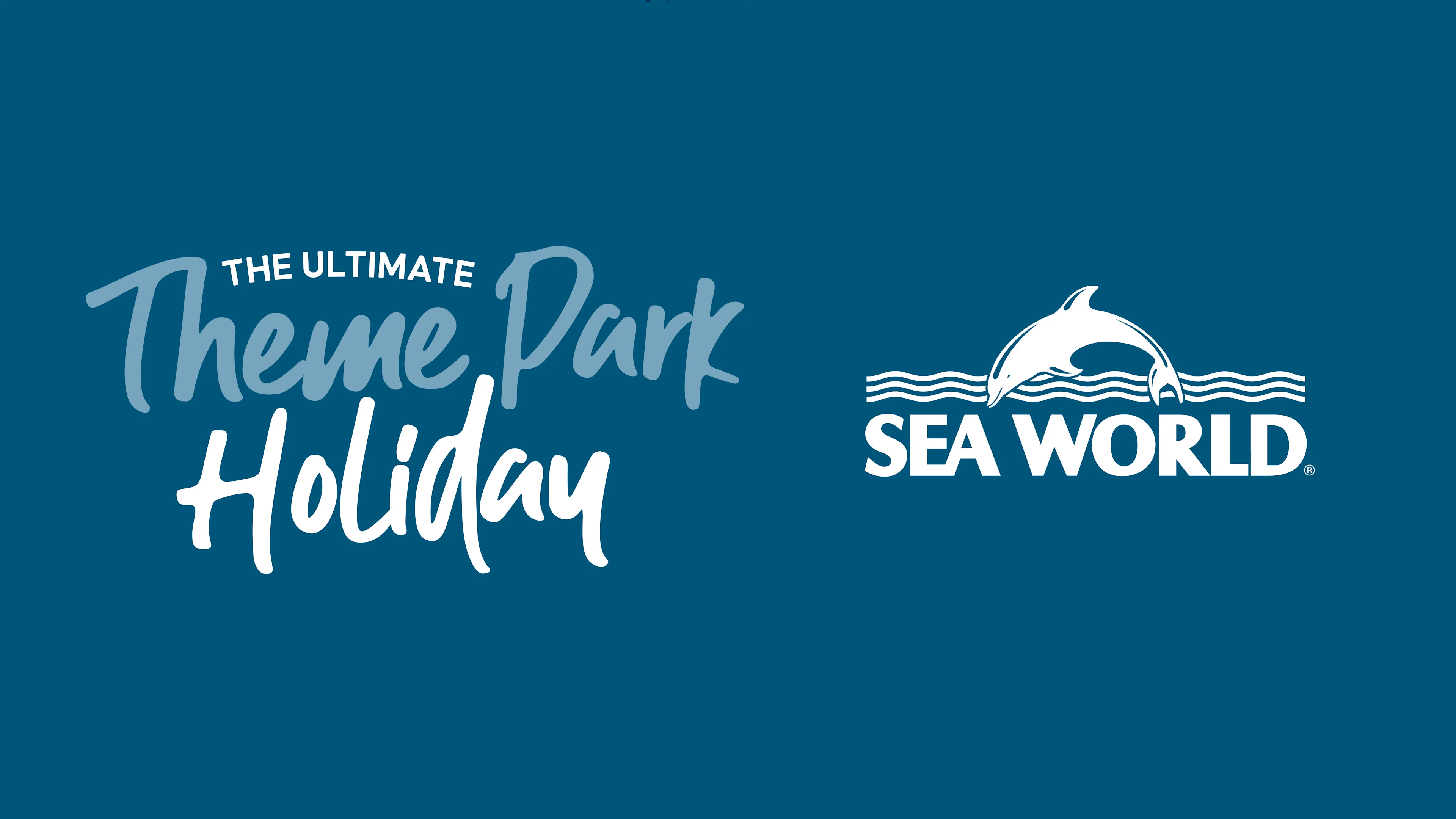 The text “The Ultimate Theme Park Holiday” next to the Sea World logo on a dark blue background.