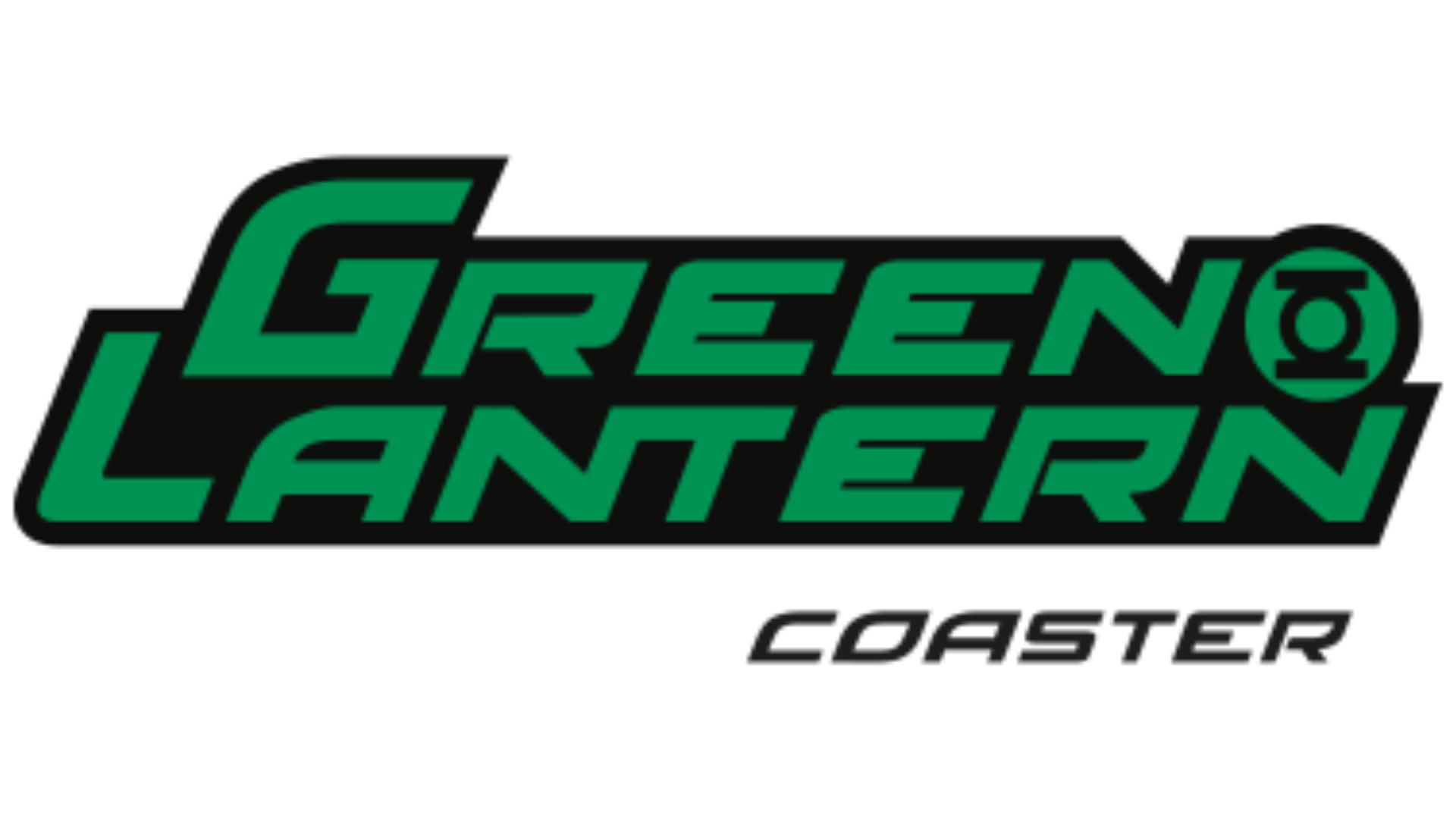 Logo for the "Green Lantern Coaster," featuring bold green and black text with the Green Lantern symbol inside the letter "O" in "Lantern." The word "Coaster" is written in smaller black text below.