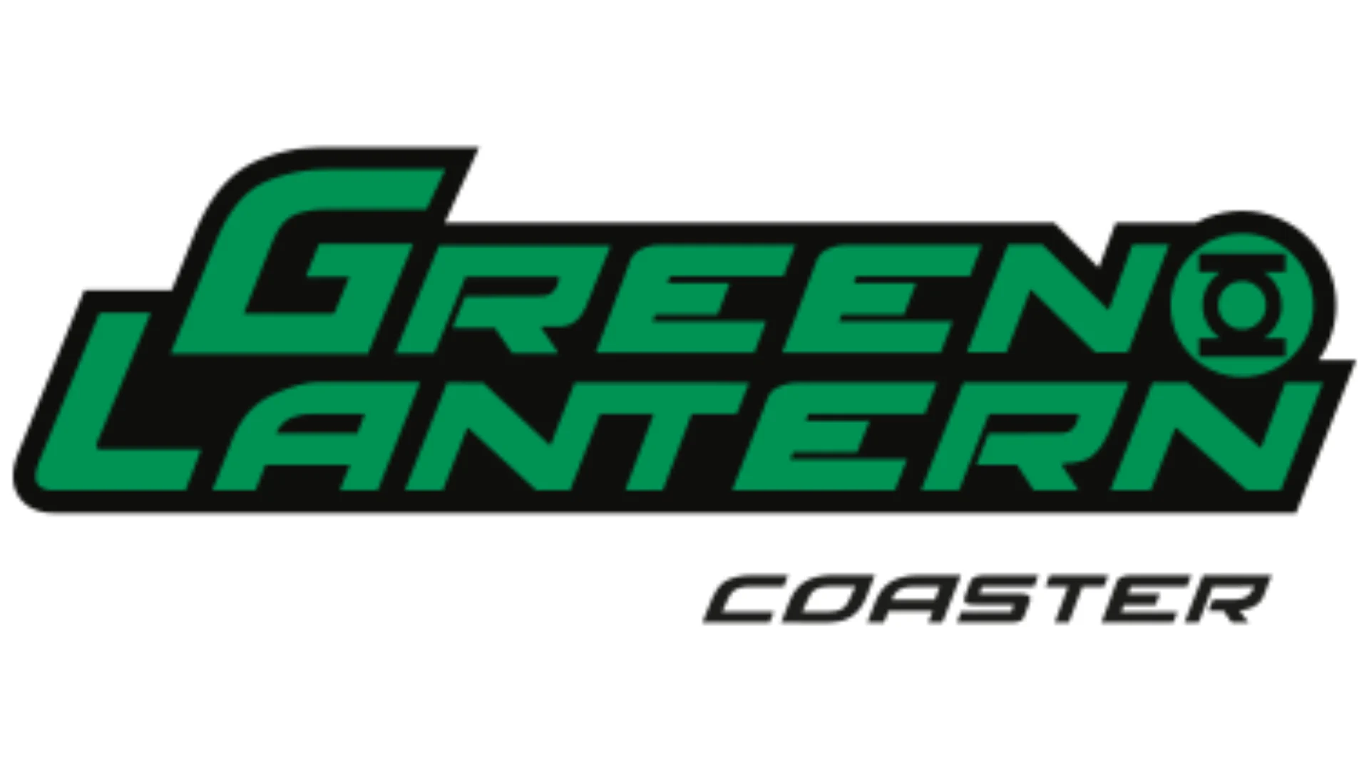 Logo for the "Green Lantern Coaster," featuring bold green and black text with the Green Lantern symbol inside the letter "O" in "Lantern." The word "Coaster" is written in smaller black text below.