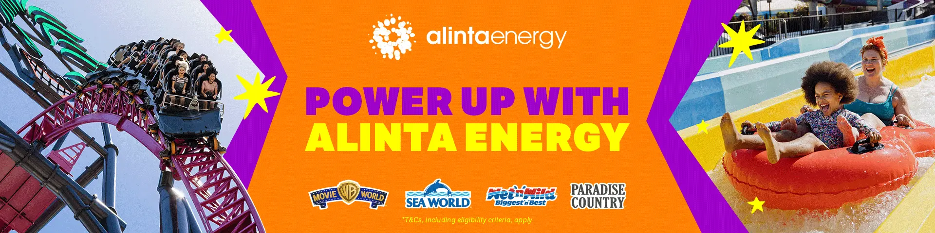 Alinta Energy banner showing people on a rollercoaster and a waterslide. Text: “Power up with Alinta Energy.” Logos for Movie World, Sea World, Wet’n’Wild, and Paradise Country appear at the bottom.