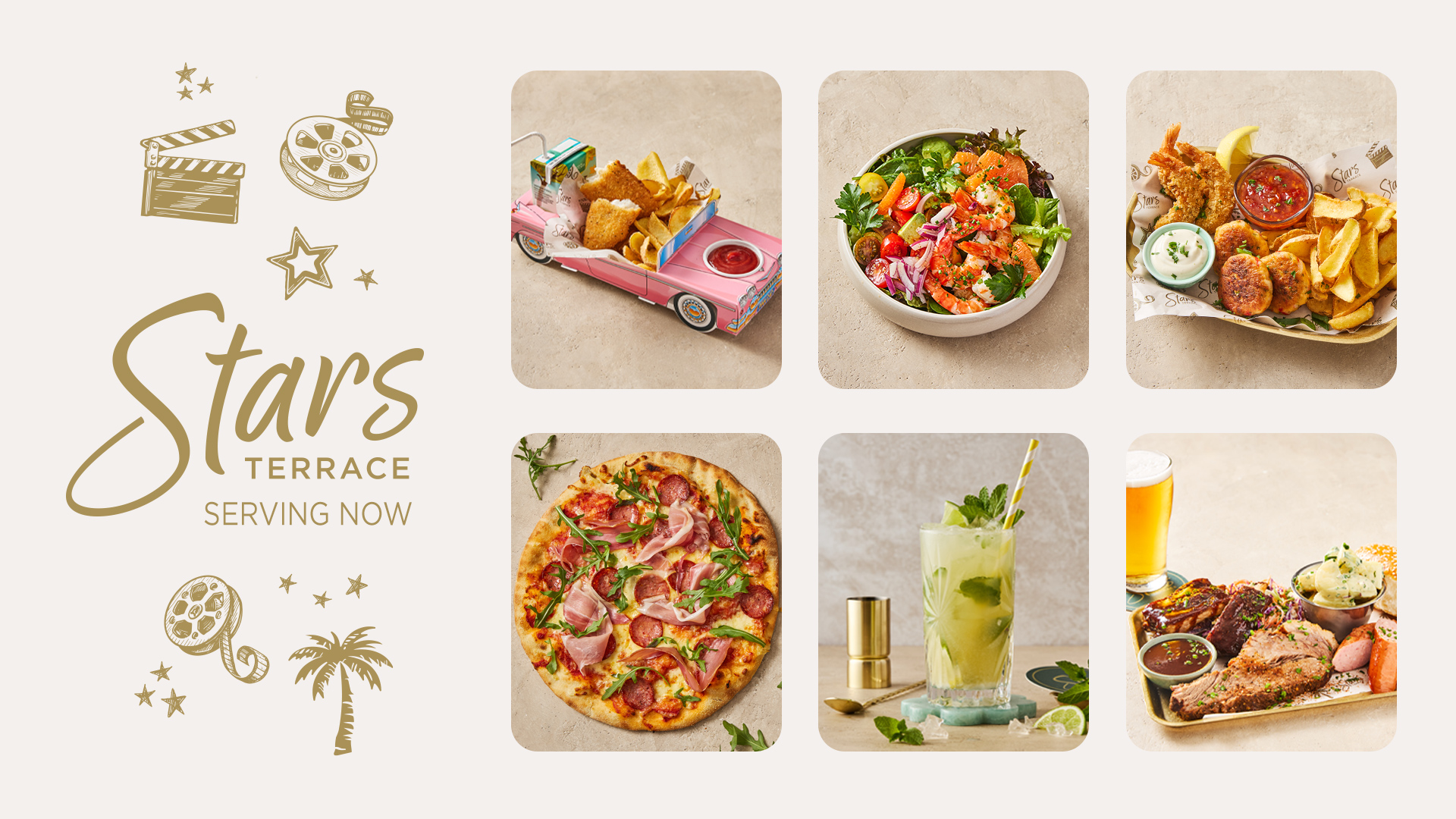 A collage showing various dishes and drinks, including fried food in a pink car-shaped tray, a salad, kebabs, a pizza, a cocktail, and a plate of grilled meats and beer, with "Stars Terrace Serving Now" written decoratively.
