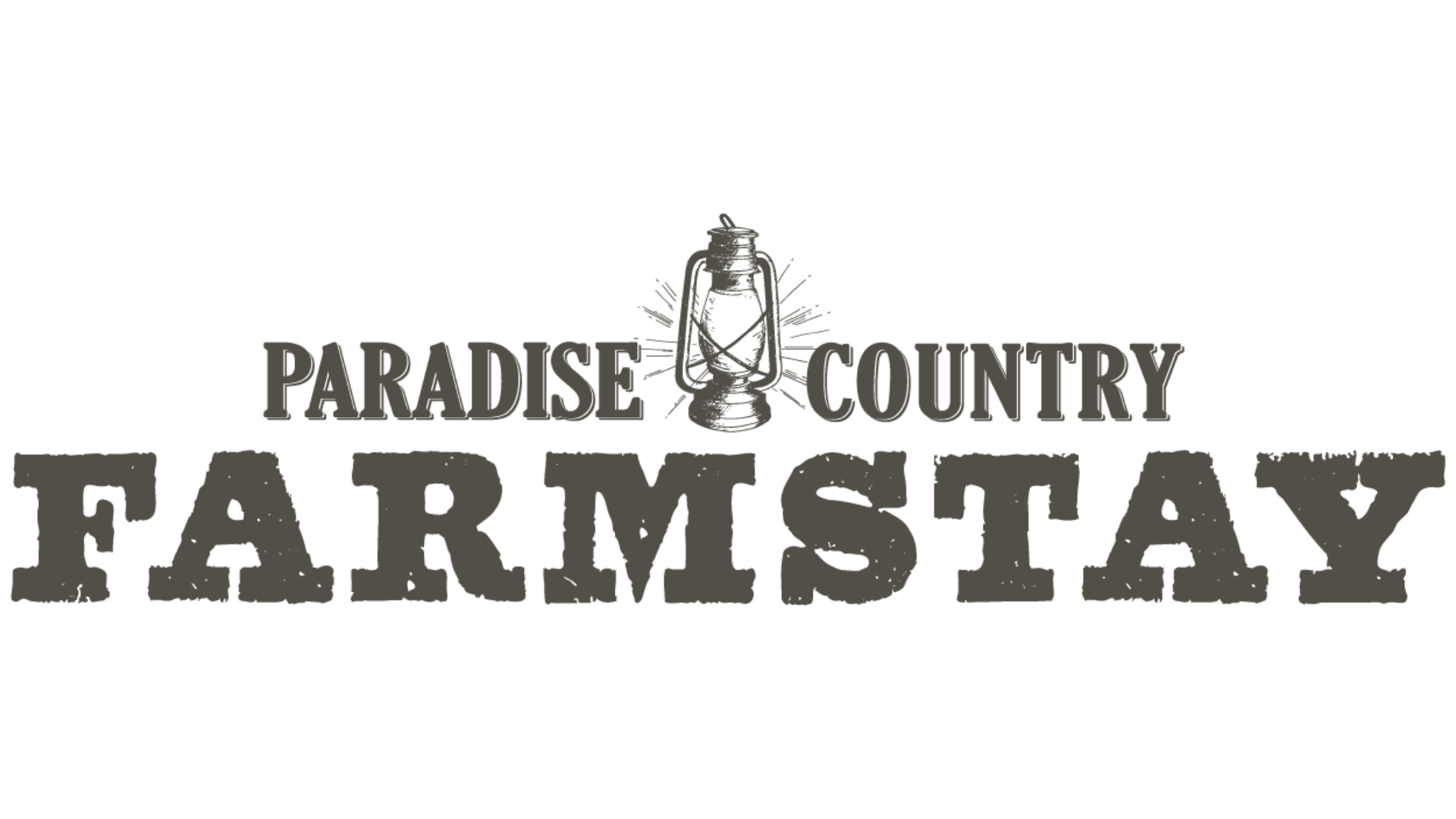 Logo of "Paradise Country Farmstay" featuring a lantern icon between the words "Paradise Country" and above the word "Farmstay.