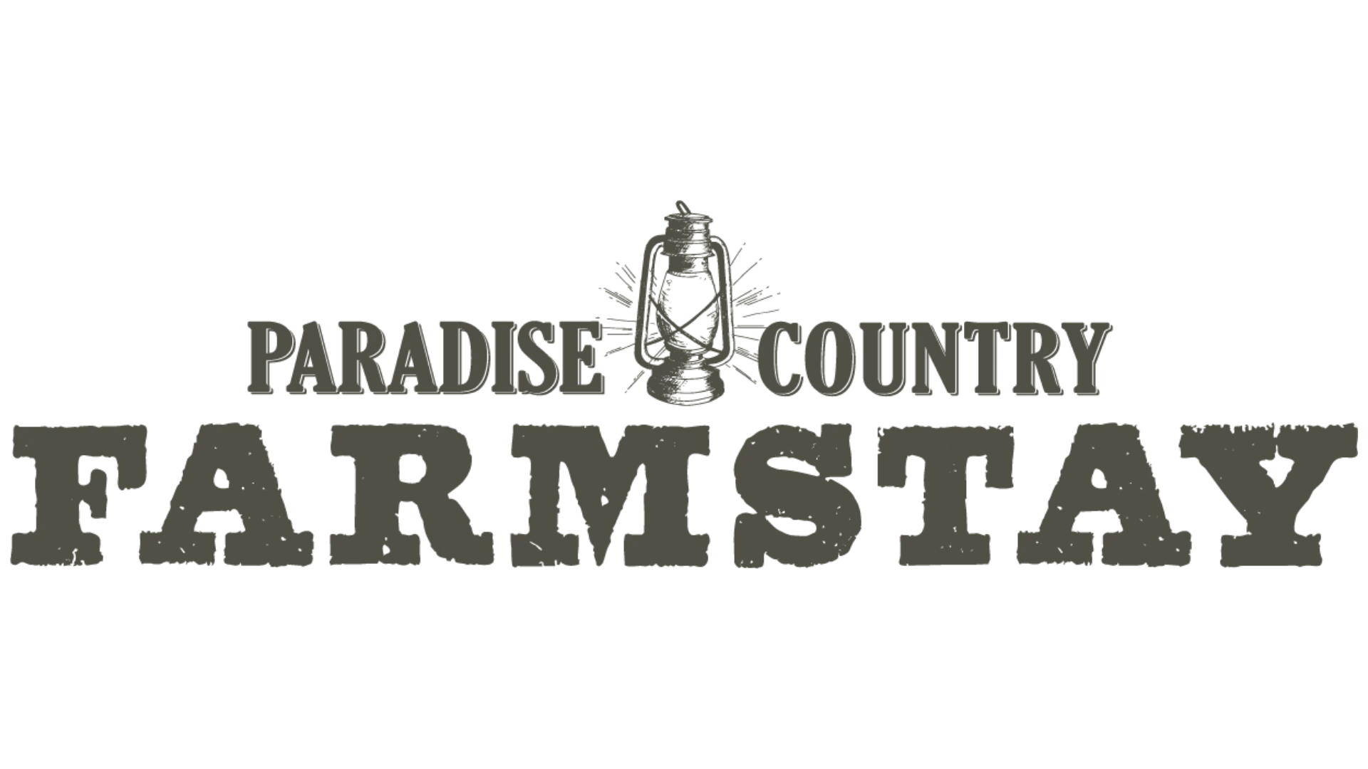 Logo of "Paradise Country Farmstay" featuring a lantern icon between the words "Paradise Country" and above the word "Farmstay.