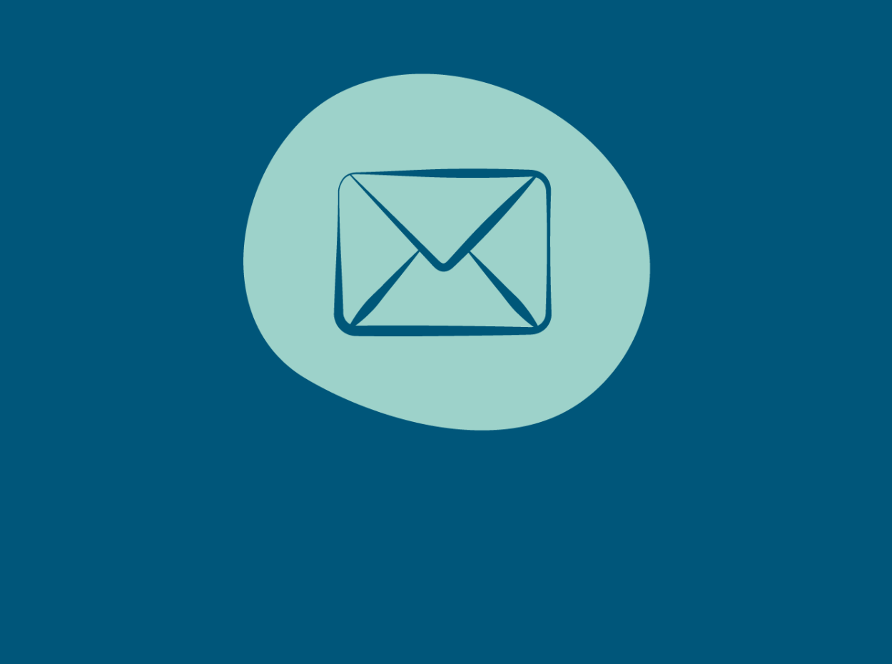Illustration of an envelope icon outlined in dark blue on a light teal abstract shape, set against a dark blue background.