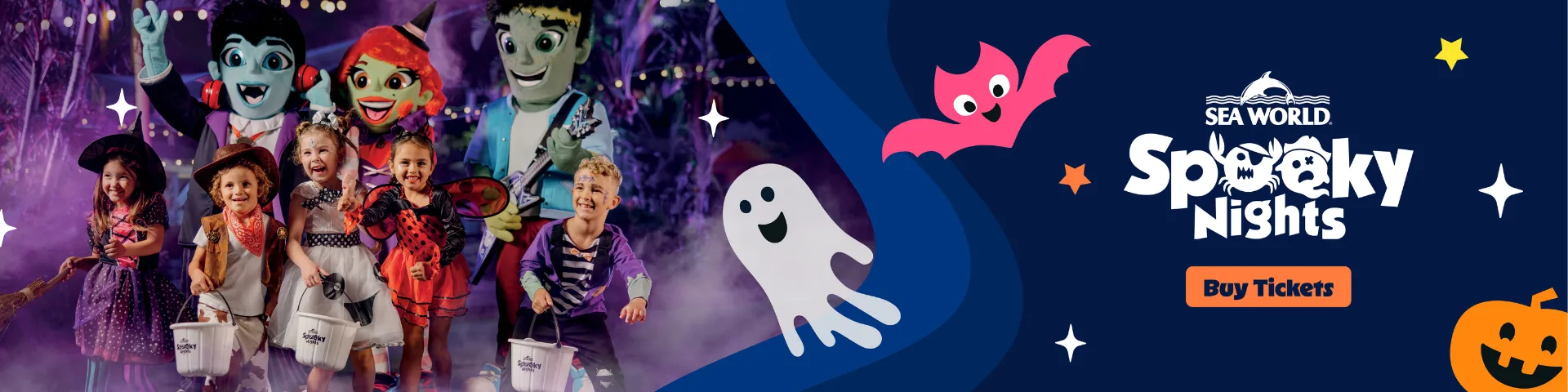 Children in costumes and people in colorful monster outfits pose at night with Halloween decorations, next to Sea World Spooky Nights event info and cartoon ghost, bat, and pumpkin graphics.
