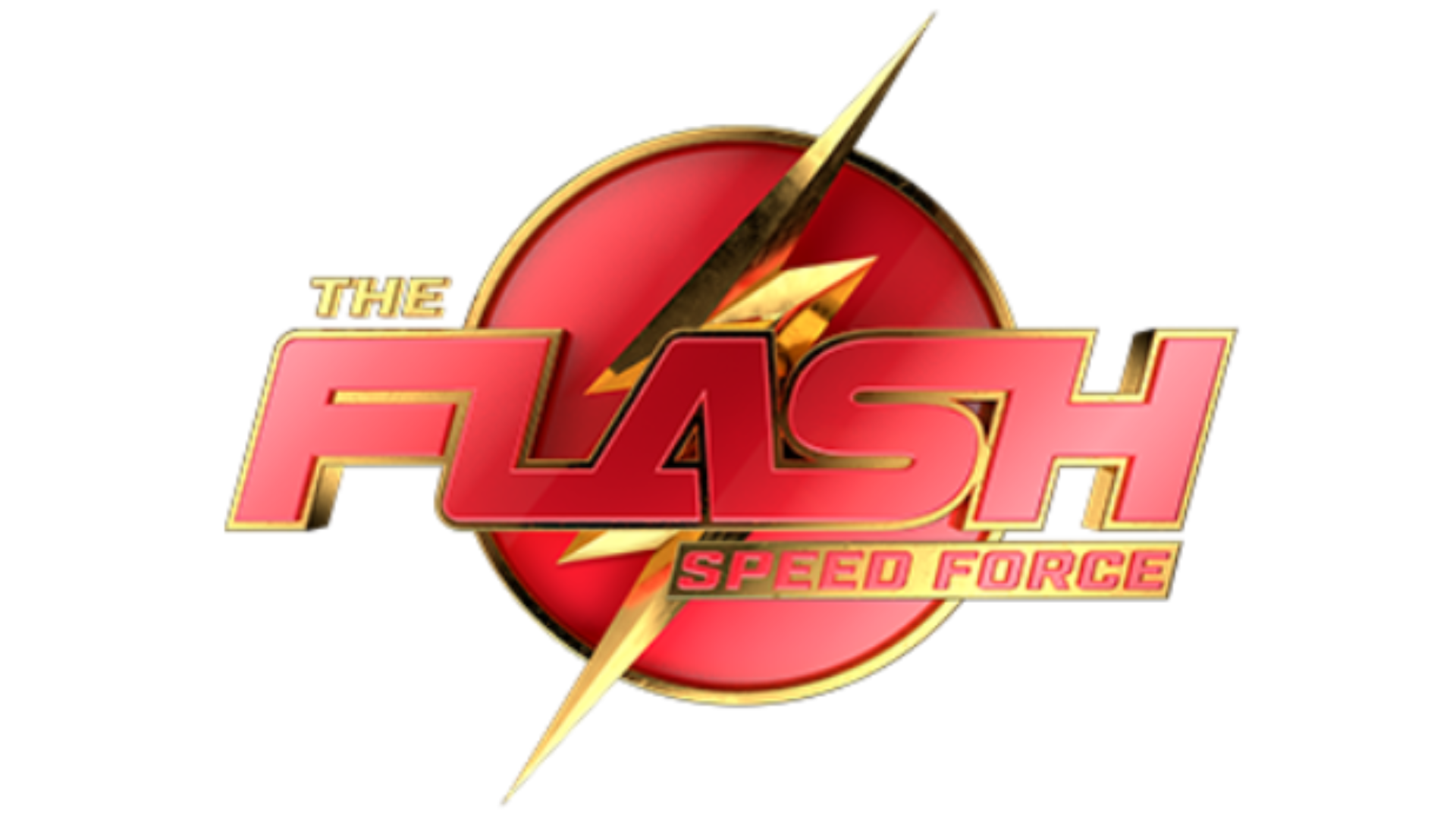 Logo for "The Flash: Speed Force" featuring bold red and gold text, with a lightning bolt running diagonally through the words, set against a red circular background.