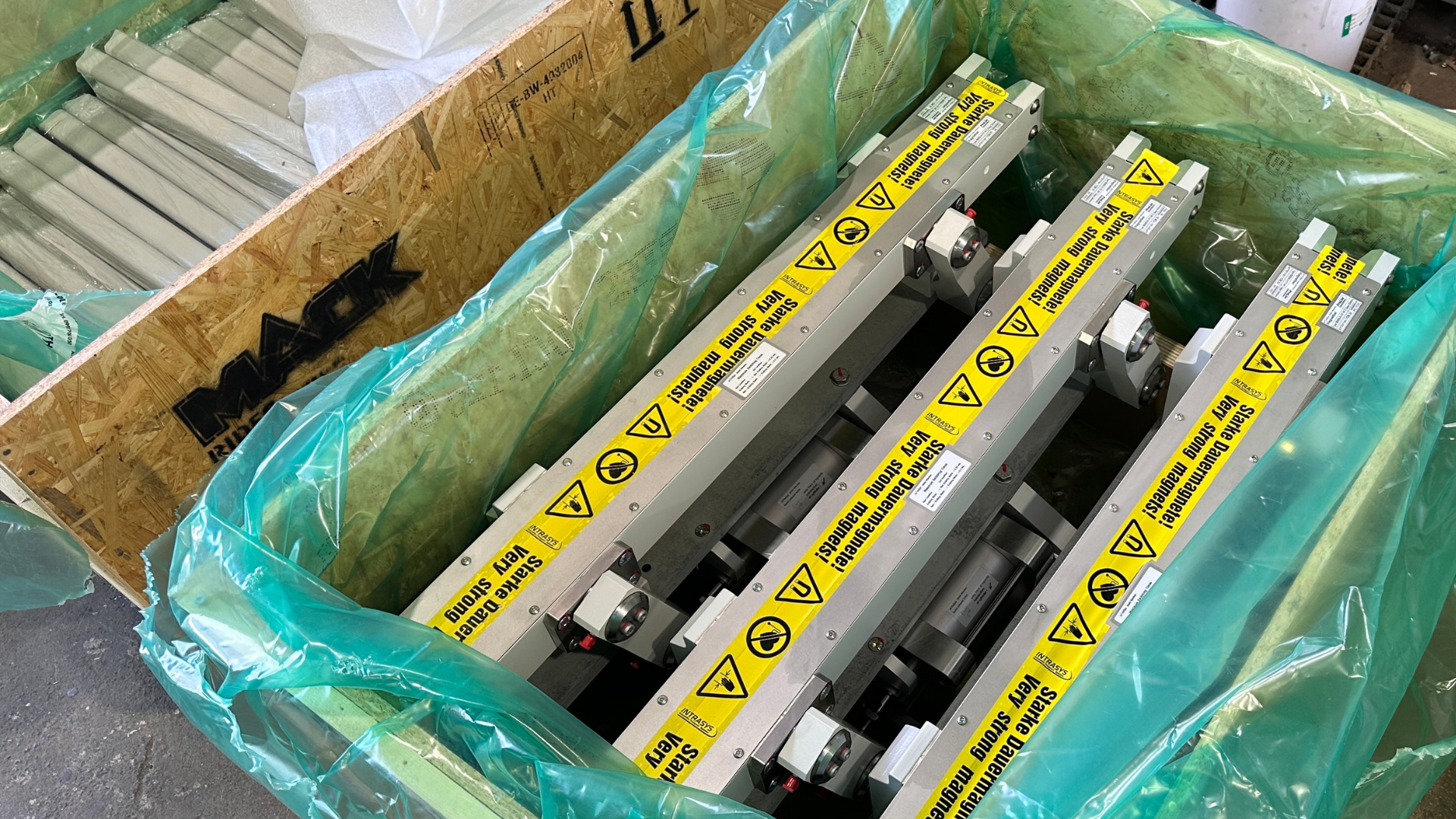 Crate of new magentic brakes to be installed.