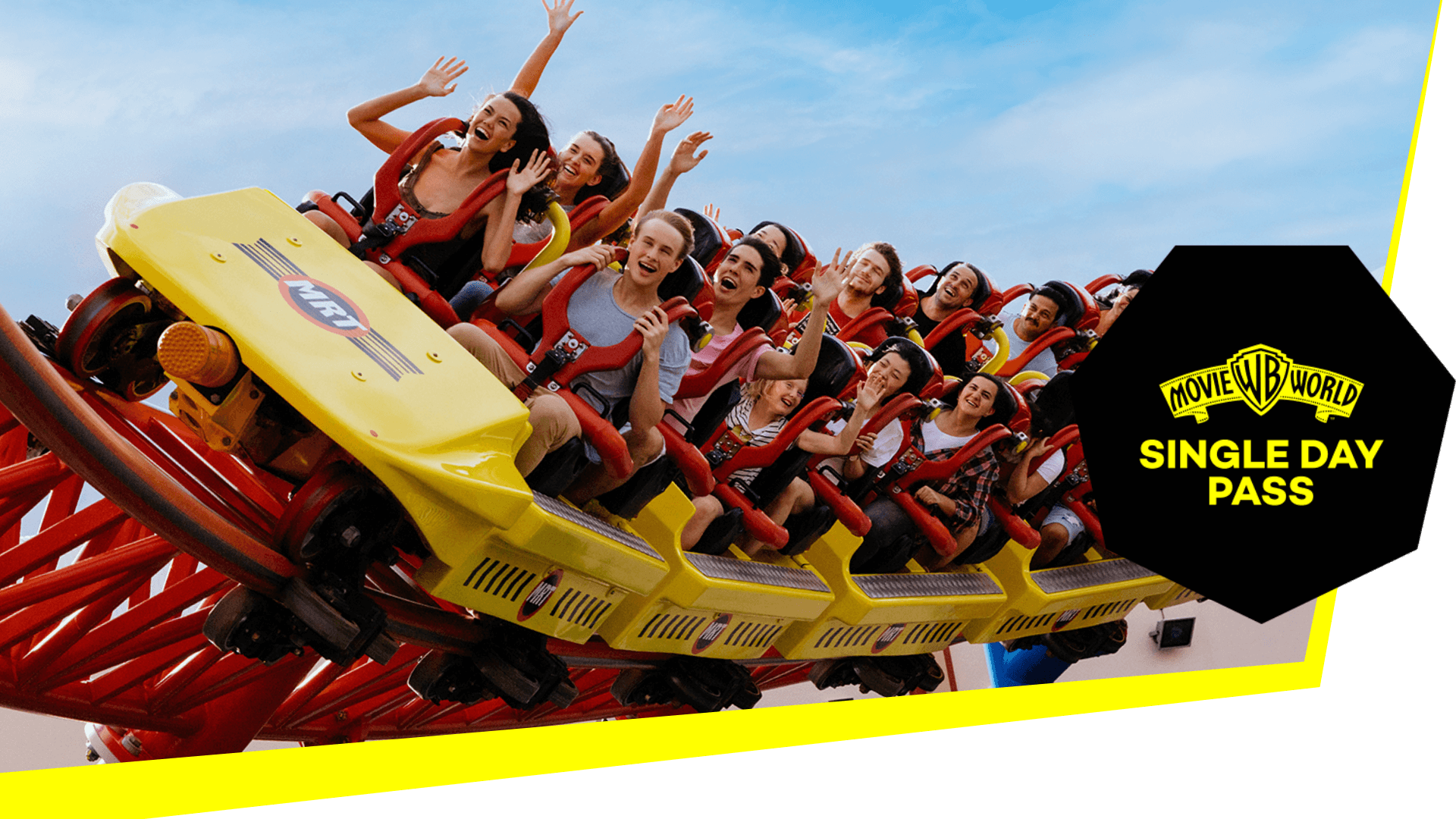 People riding a yellow roller coaster, smiling and raising their hands. Text on the right reads "Movie World Single Day Pass" with a logo.