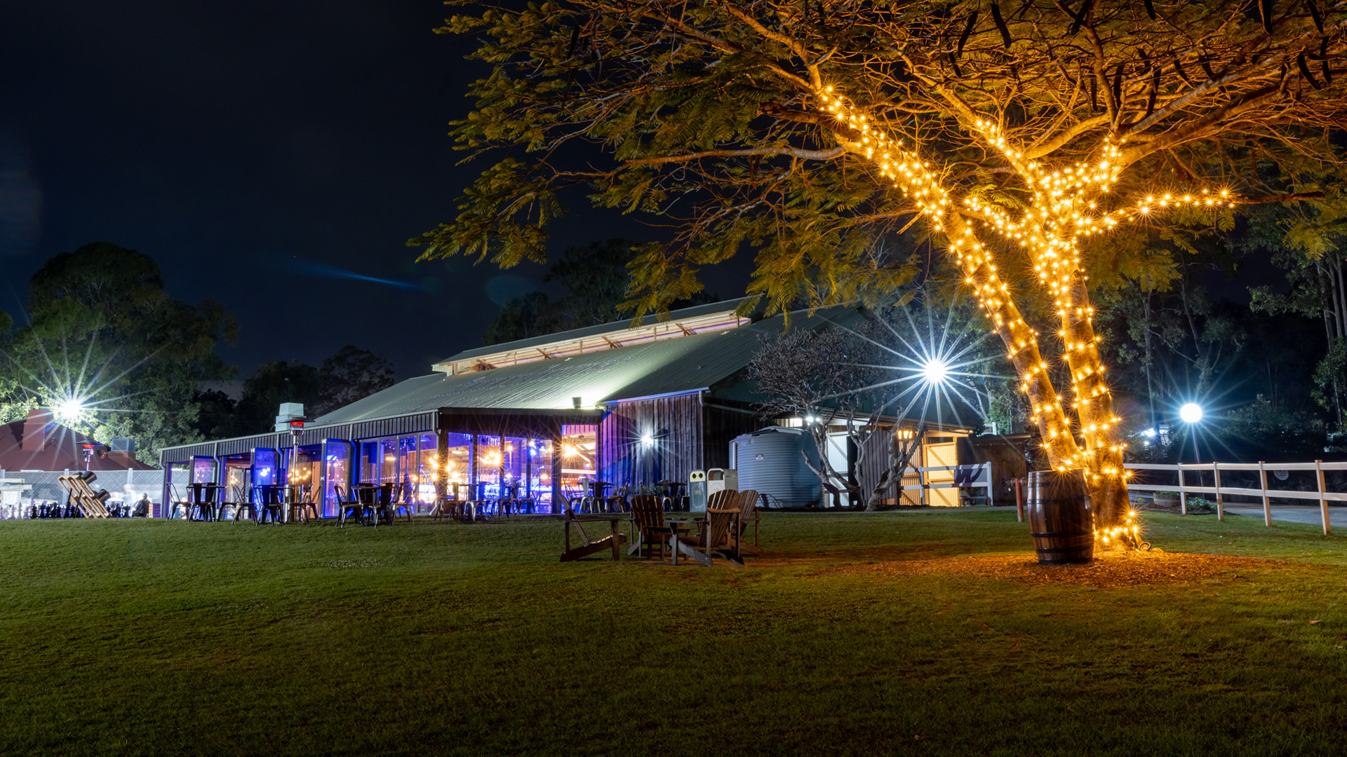 A large tree wrapped in string lights stands in front of a well-lit building at night, with chairs and tables scattered on a grassy lawn.