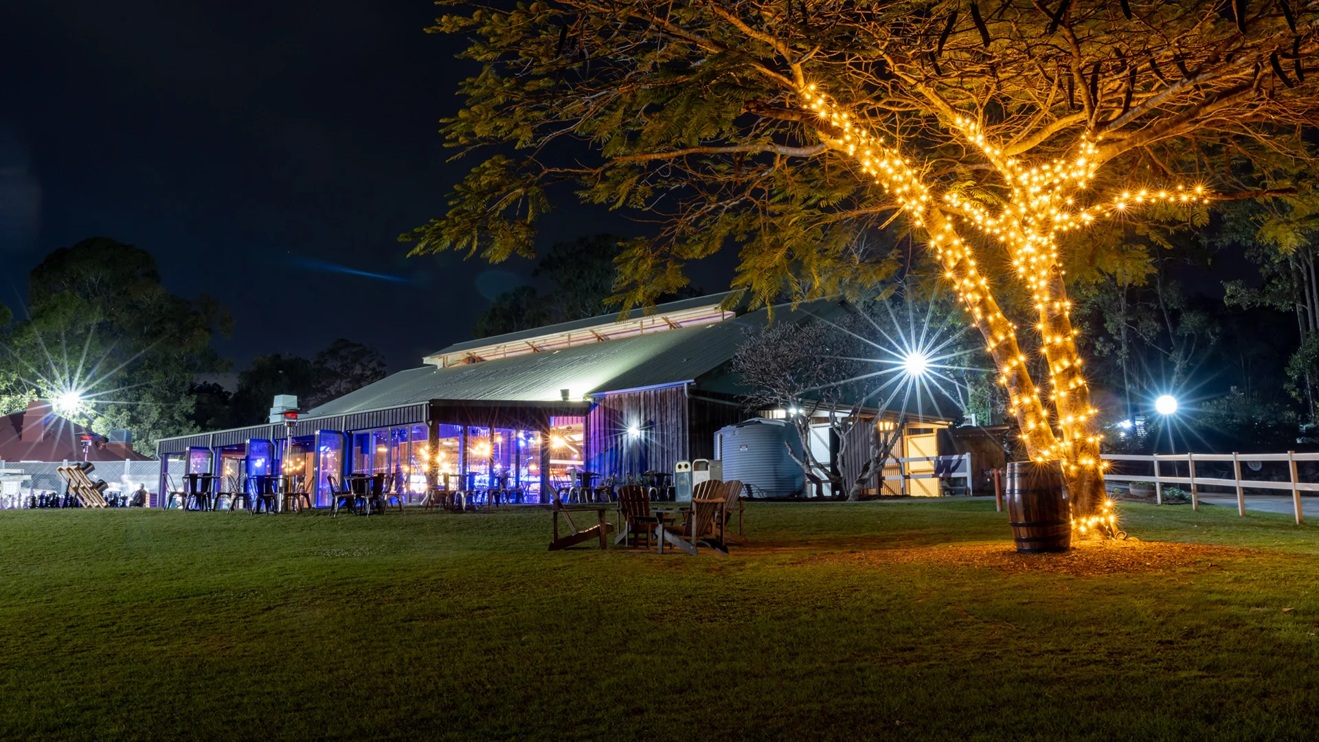 A large tree wrapped in string lights stands in front of a well-lit building at night, with chairs and tables scattered on a grassy lawn.