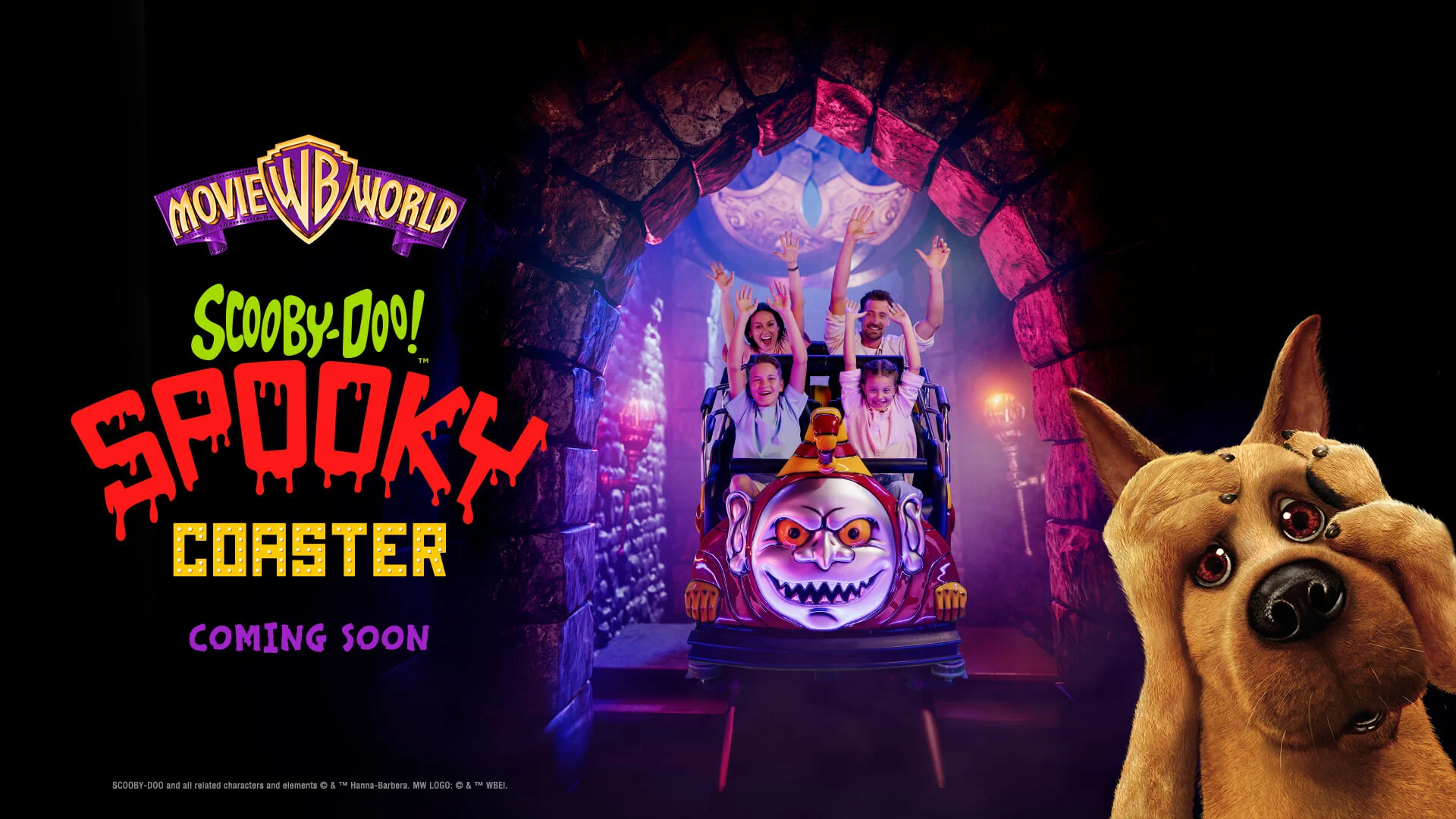 Four people ride a spooky carnival-themed roller coaster car towards the viewer in a dark, torch-lit tunnel. Scooby-Doo looks surprised on the right. Text: "Scooby-Doo! Spooky Coaster Coming Soon" and Warner Bros. Movie World logo.