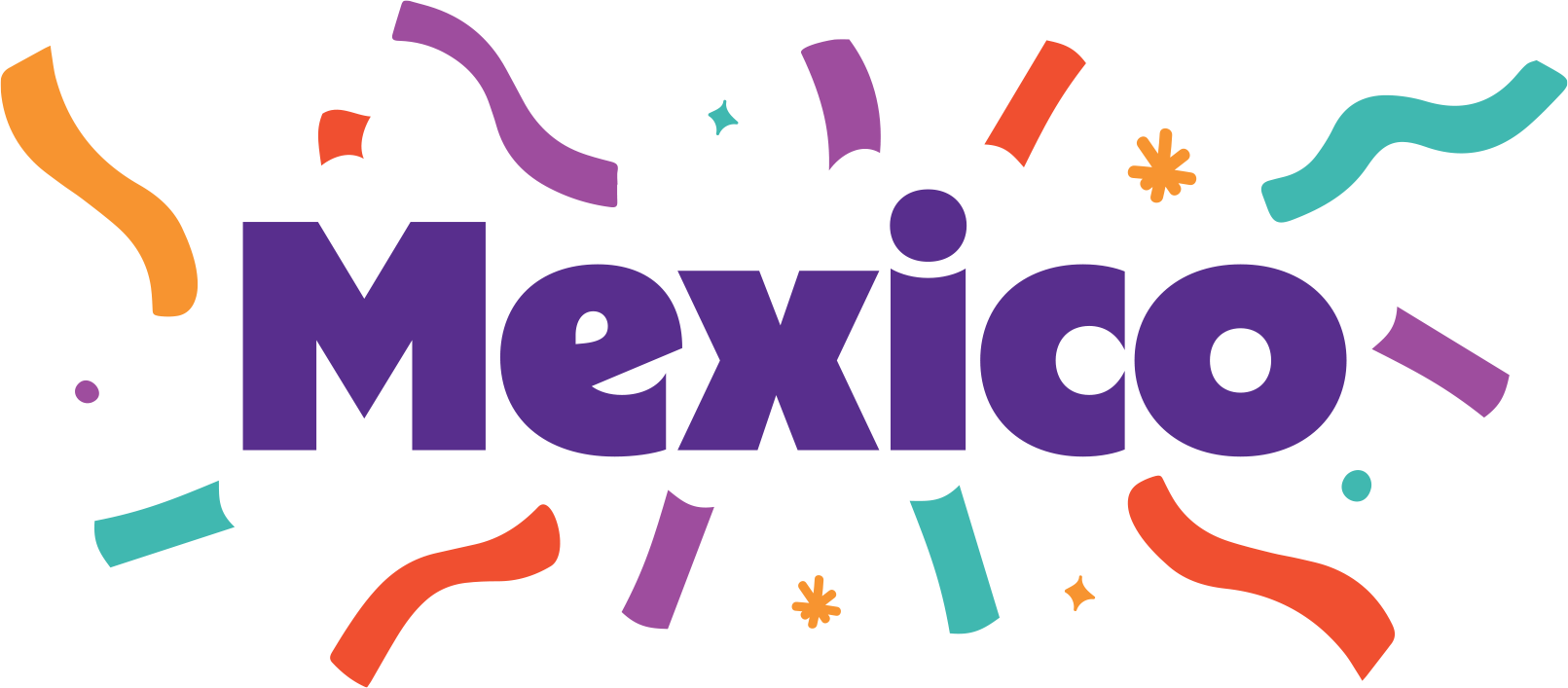 The word "Mexico" in bold purple letters, surrounded by colorful orange, purple, and teal confetti and streamers on a white background.