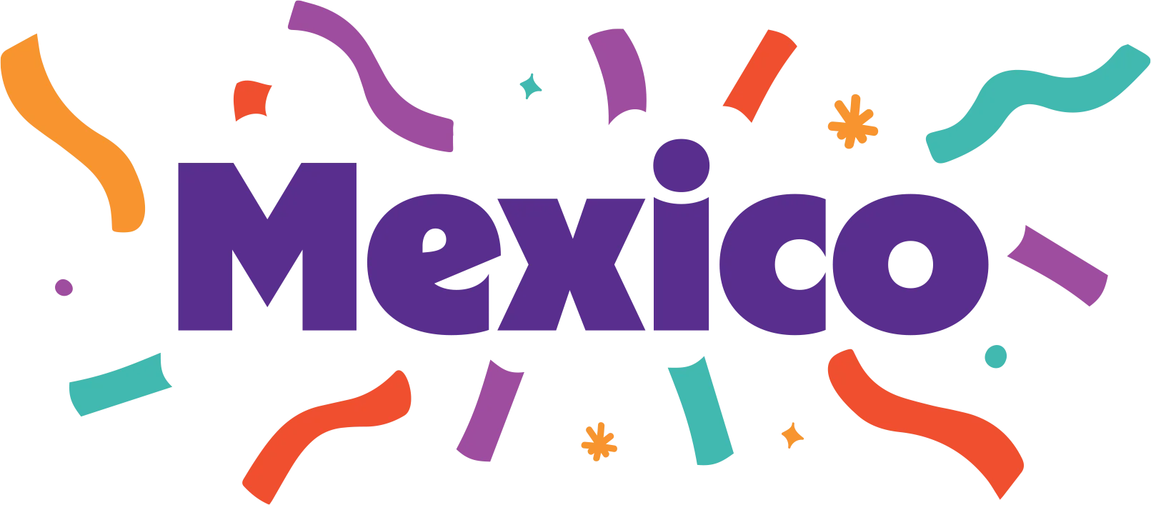 The word "Mexico" in bold purple letters, surrounded by colorful orange, purple, and teal confetti and streamers on a white background.
