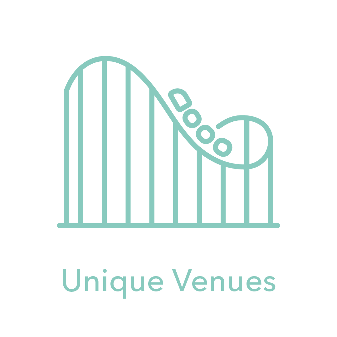 A simple teal line drawing of a roller coaster with four cars, above the words "Unique Venues" in matching teal text.