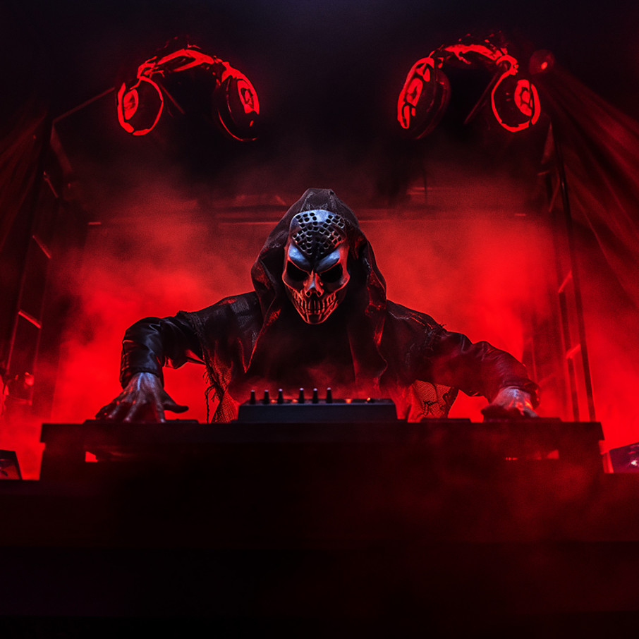 A DJ in a dark hooded outfit and mask performs at a smoky, red-lit stage with illuminated speakers above, creating a dramatic and intense atmosphere.