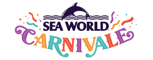 SeaWorld Carnivale logo with a dolphin above wavy lines, colorful confetti, and bold, festive text in purple, orange, turquoise, and yellow.