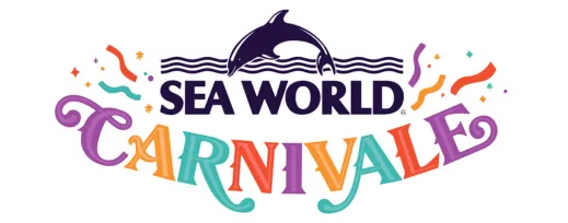 SeaWorld Carnivale logo with a dolphin above wavy lines, colorful confetti, and bold, festive text in purple, orange, turquoise, and yellow.