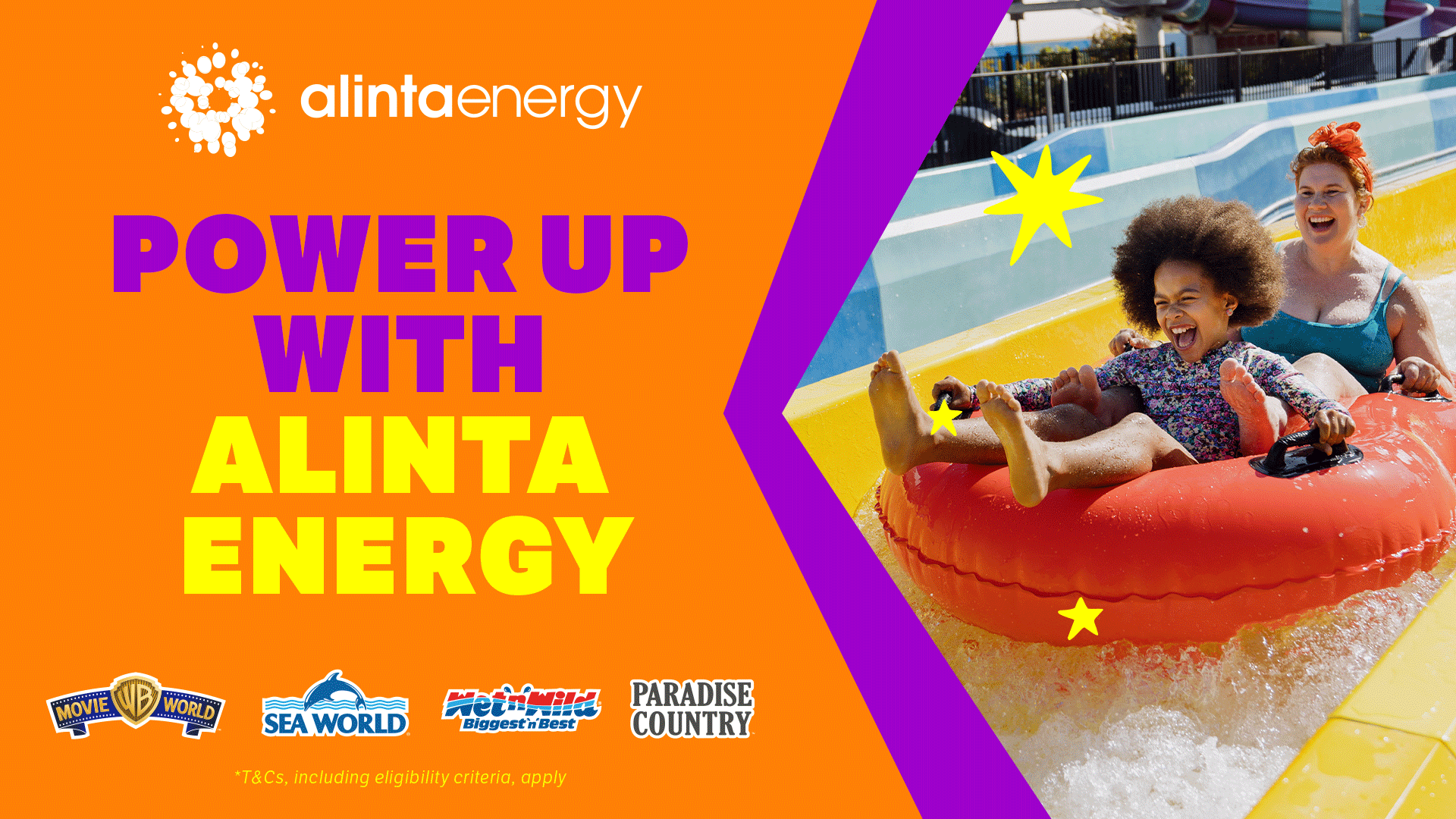 Two people laugh while riding a red tube down a waterslide. Bright text reads, "Power Up With Alinta Energy," alongside Alinta Energy’s logo and logos for Movie World, Sea World, Wet'n'Wild, and Paradise Country.