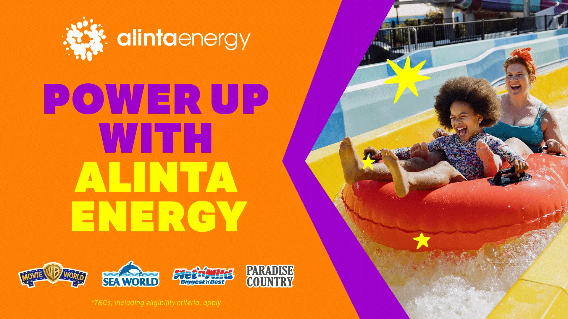 Two people laugh while riding a red tube down a waterslide. Bright text reads, "Power Up With Alinta Energy," alongside Alinta Energy’s logo and logos for Movie World, Sea World, Wet'n'Wild, and Paradise Country.