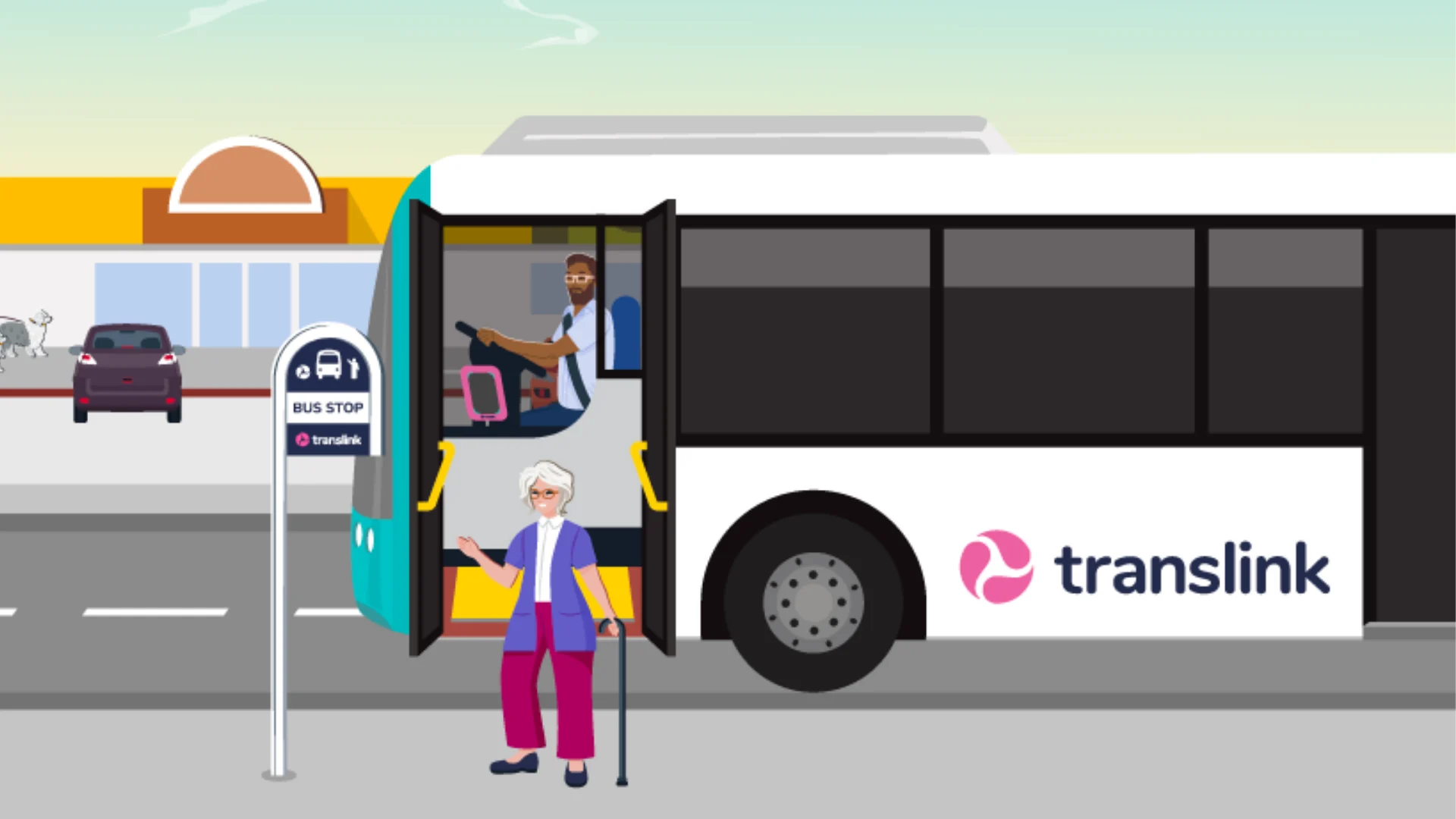 Illustration of an elderly woman with a cane getting off a TransLink bus at a bus stop, while a bus driver waits inside. A shopping center and parked cars are visible in the background.
