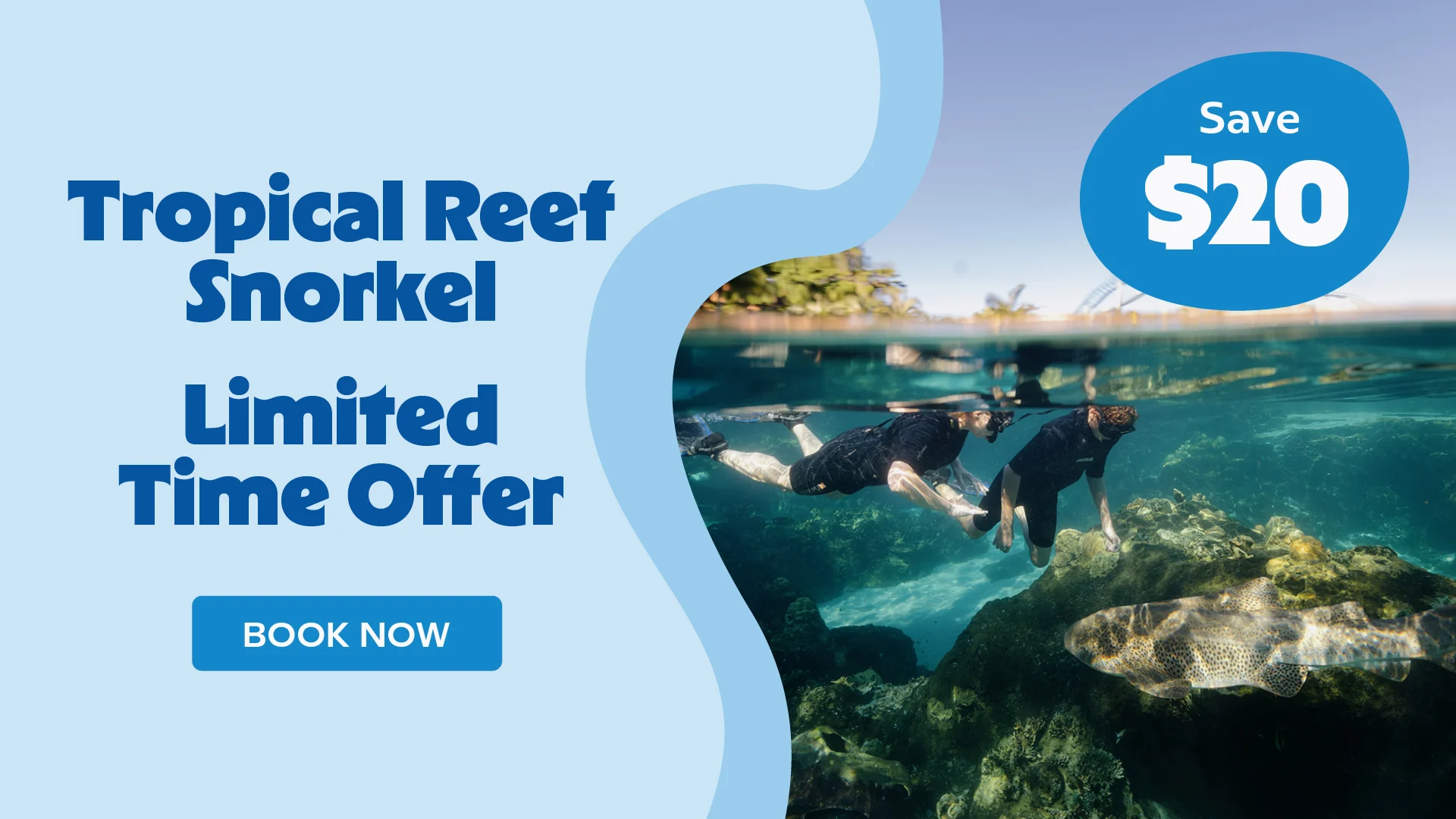 Two people snorkeling above a coral reef; text reads “Tropical Reef Snorkel Limited Time Offer. Save $20. Book now.” Blue and aqua color scheme with tropical scenery in the background.