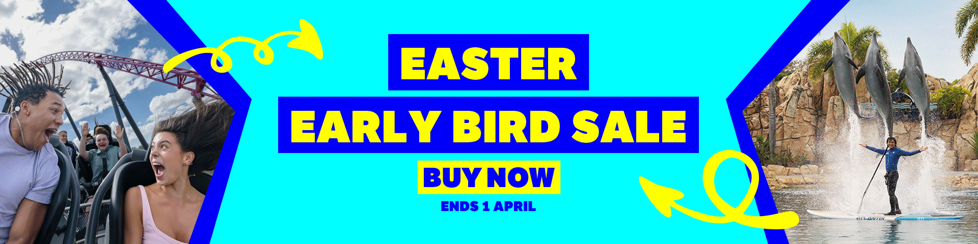 A bright banner with "Easter Early Bird Sale" and "Buy Now, Ends 1 April." Features people on a rollercoaster left and a person with dolphins right, with blue and yellow accents and arrows.