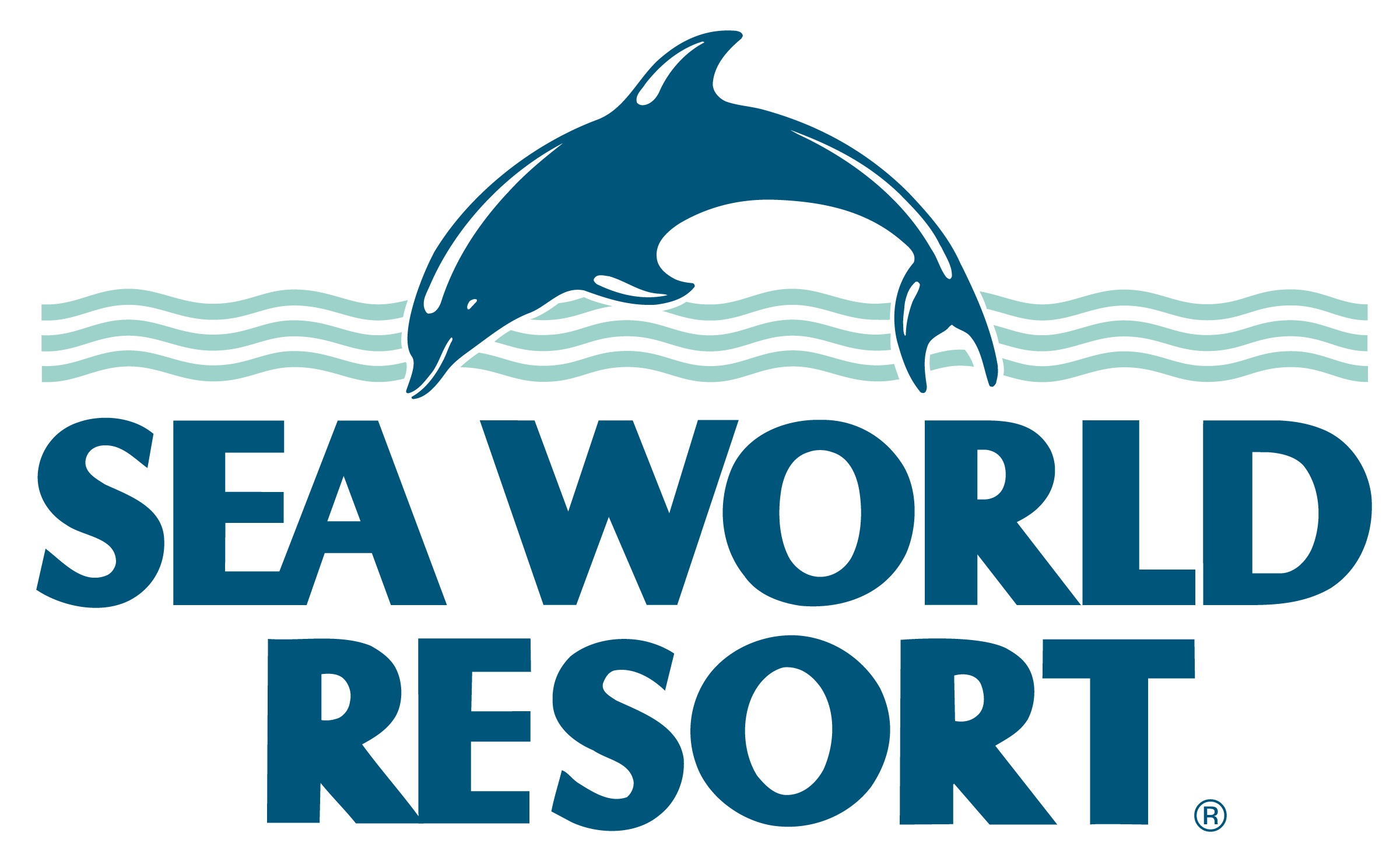 Logo for Sea World Resort featuring a stylized dolphin leaping over wavy blue lines above bold blue text that reads "Sea World Resort.